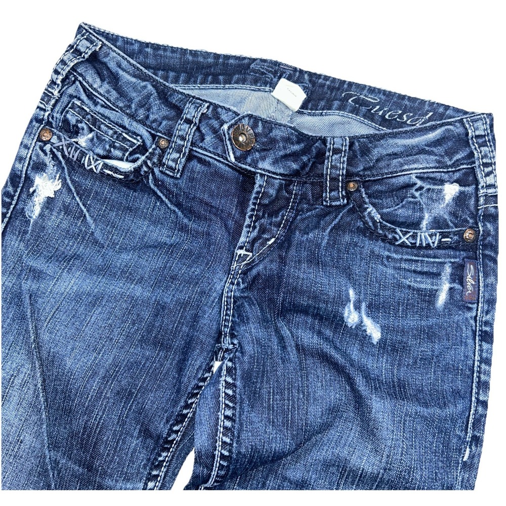Silver Tuesday Bootcut Women's 26x33 Frayed Holes Thick Stitch Jeans Stretchy - Picture 3 of 10